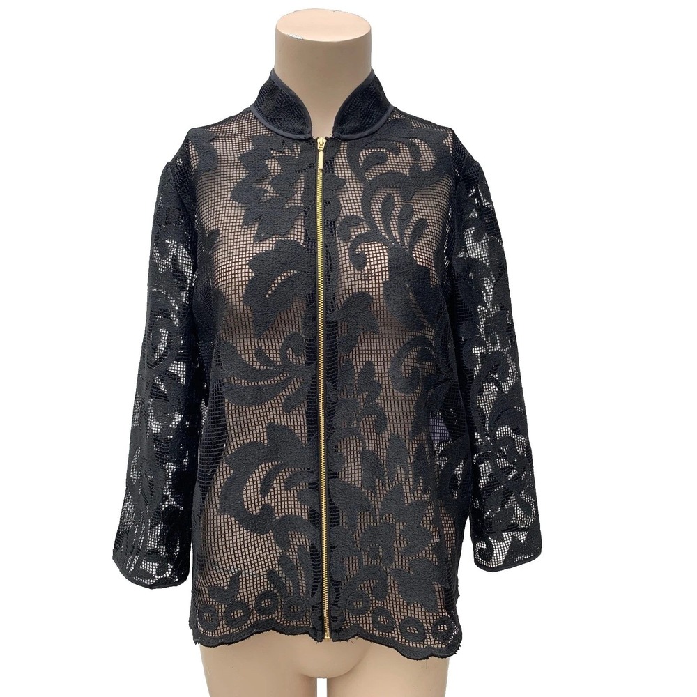Kasper Black Lace (see through) Gold Zipper Floral Mesh Jacket Size 6, EUC